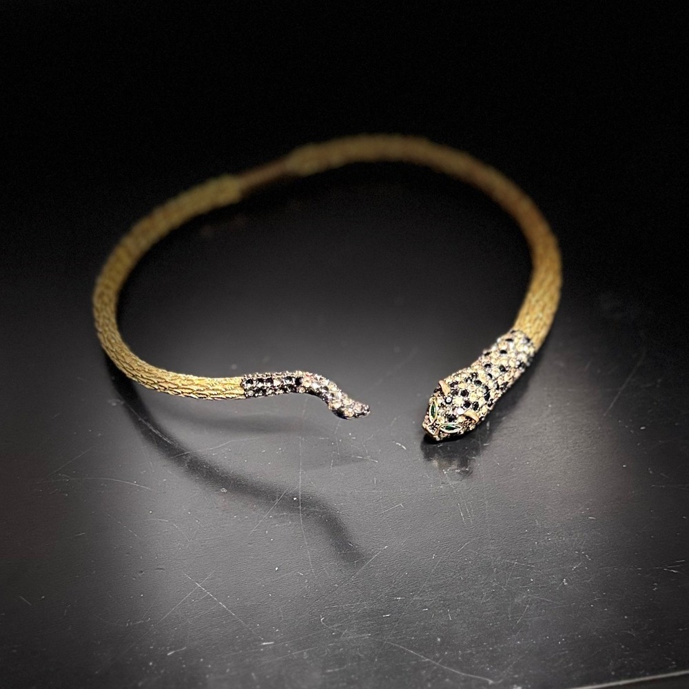 Panther Leopard Head Statement Choker Necklace Gold Tone Rhinestones Green Eyes